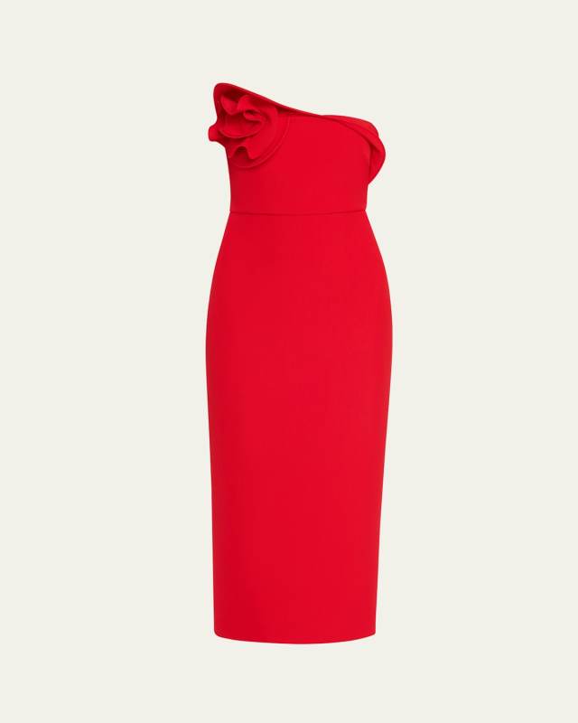 Strapless Flower Drape Crepe Midi Dress
